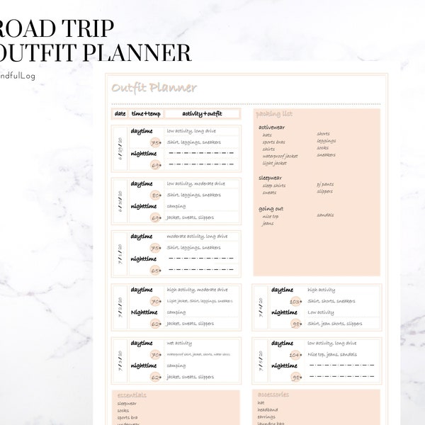 Road Trip Outfit Planner | Printable PDF | Instant Download | Itinerary | Weekly Planner | Packing List | Vacation | Travel Organizer