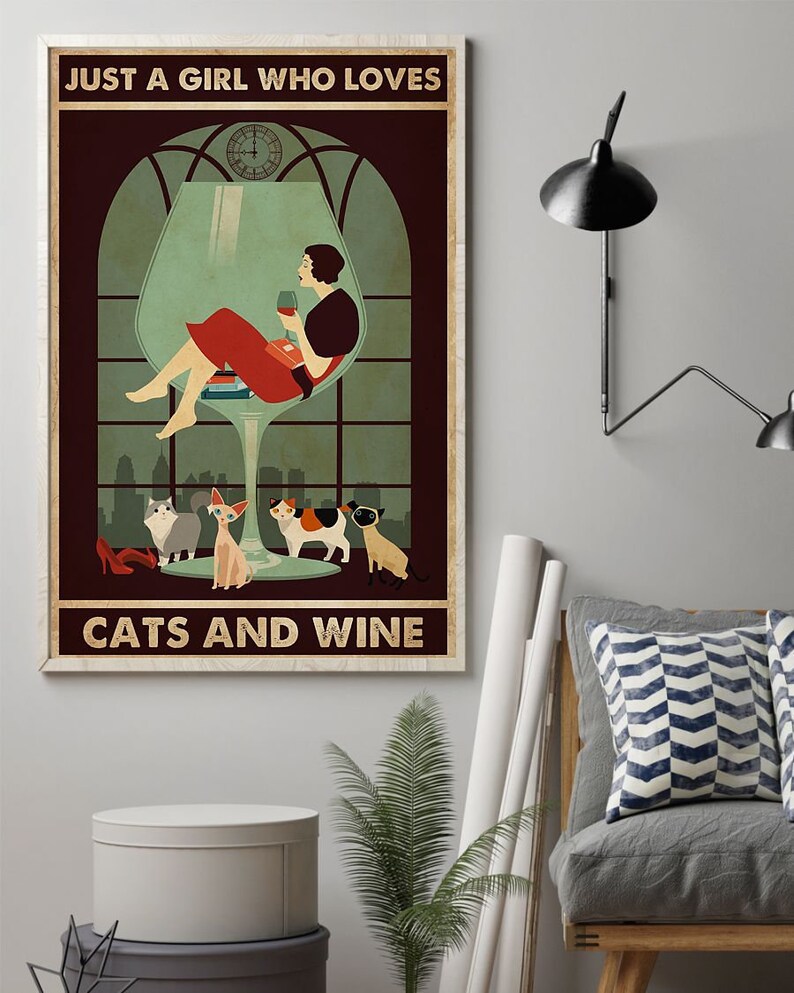 Cats And Wine Poster Retro Style Funny Kitty Poster Wall Poster