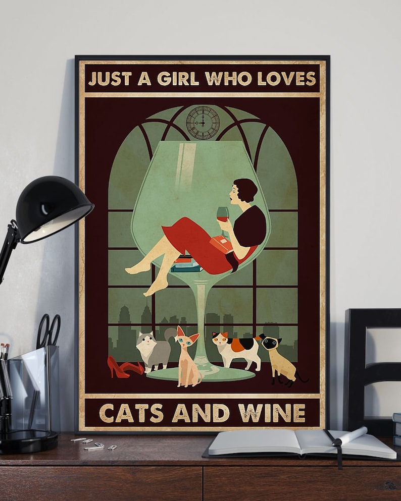 Cats And Wine Poster Retro Style Funny Kitty Poster Wall Poster