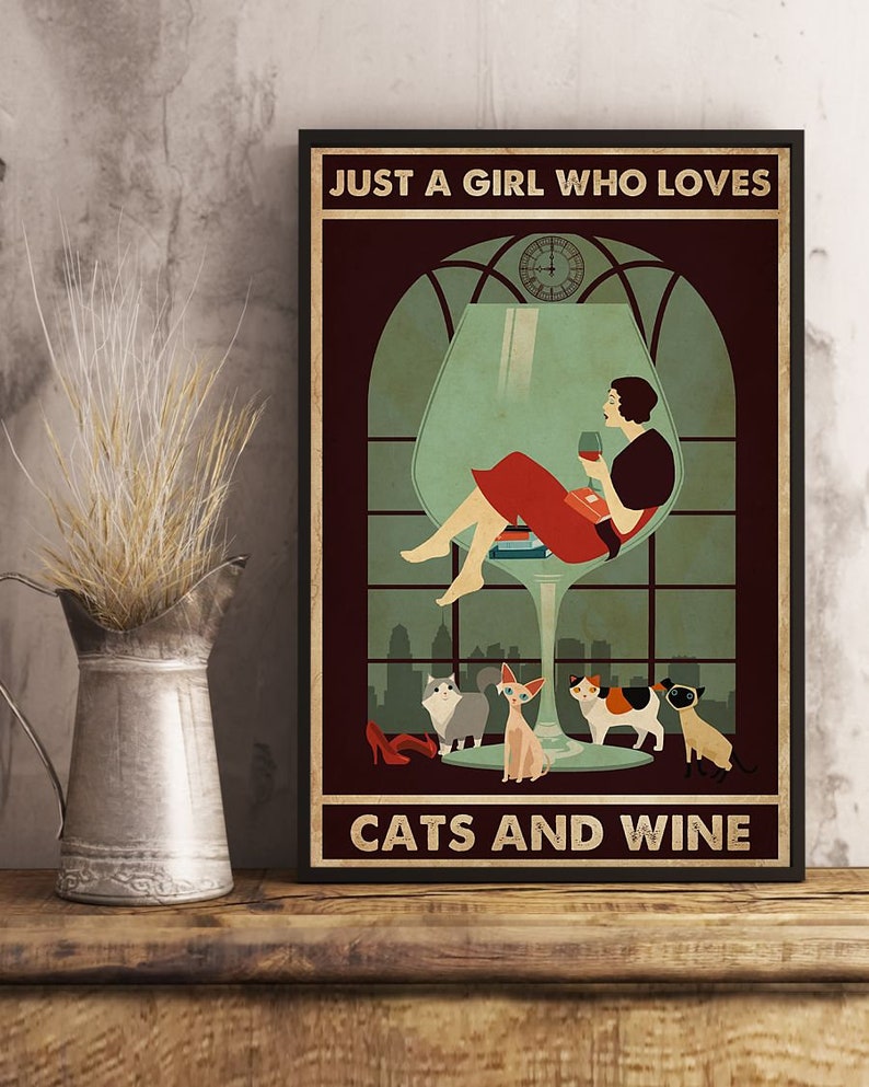 Cats And Wine Poster Retro Style Funny Kitty Poster Wall Poster