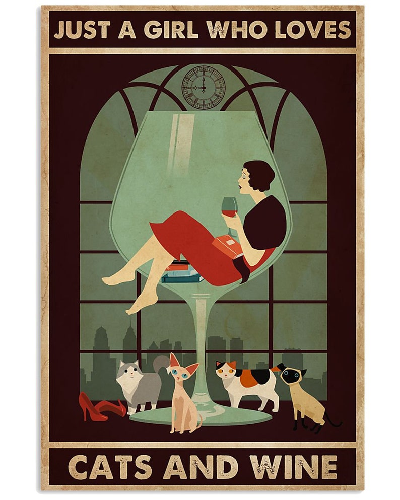 Cats And Wine Poster Retro Style Funny Kitty Poster Wall Poster