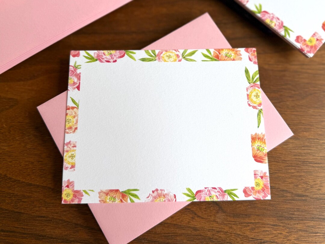 10 Flat Peony Note Card Set, Watercolor Print Blank Note Cards and Pink ...