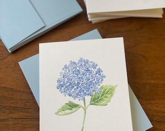 6 Blank Blue Hydrangea Folded Card Set, 4.25” x 5.5” Hydrangea Folded Notecard set of 6 cards and pale blue envelopes