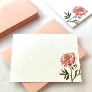 10 Flat Pink Peony Note Card Set, Watercolor Print Blank Note Cards and Blush Pink Envelopes