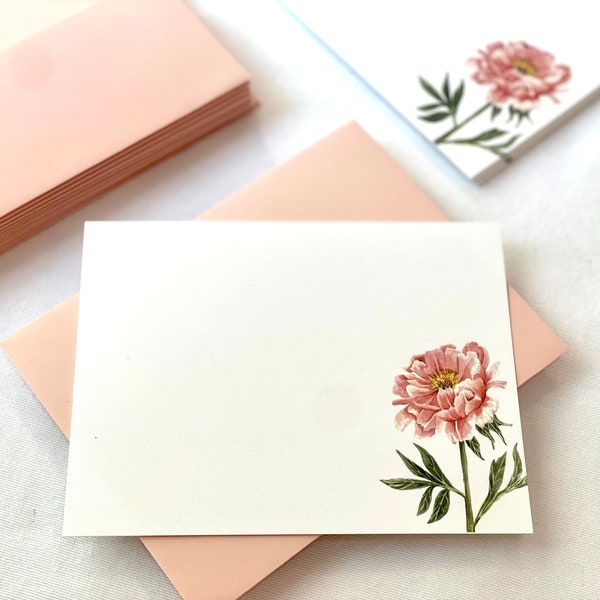 12 Flat Pink Peony Note Card Set, Watercolor Print Blank Note Cards and Blush Pink Envelopes