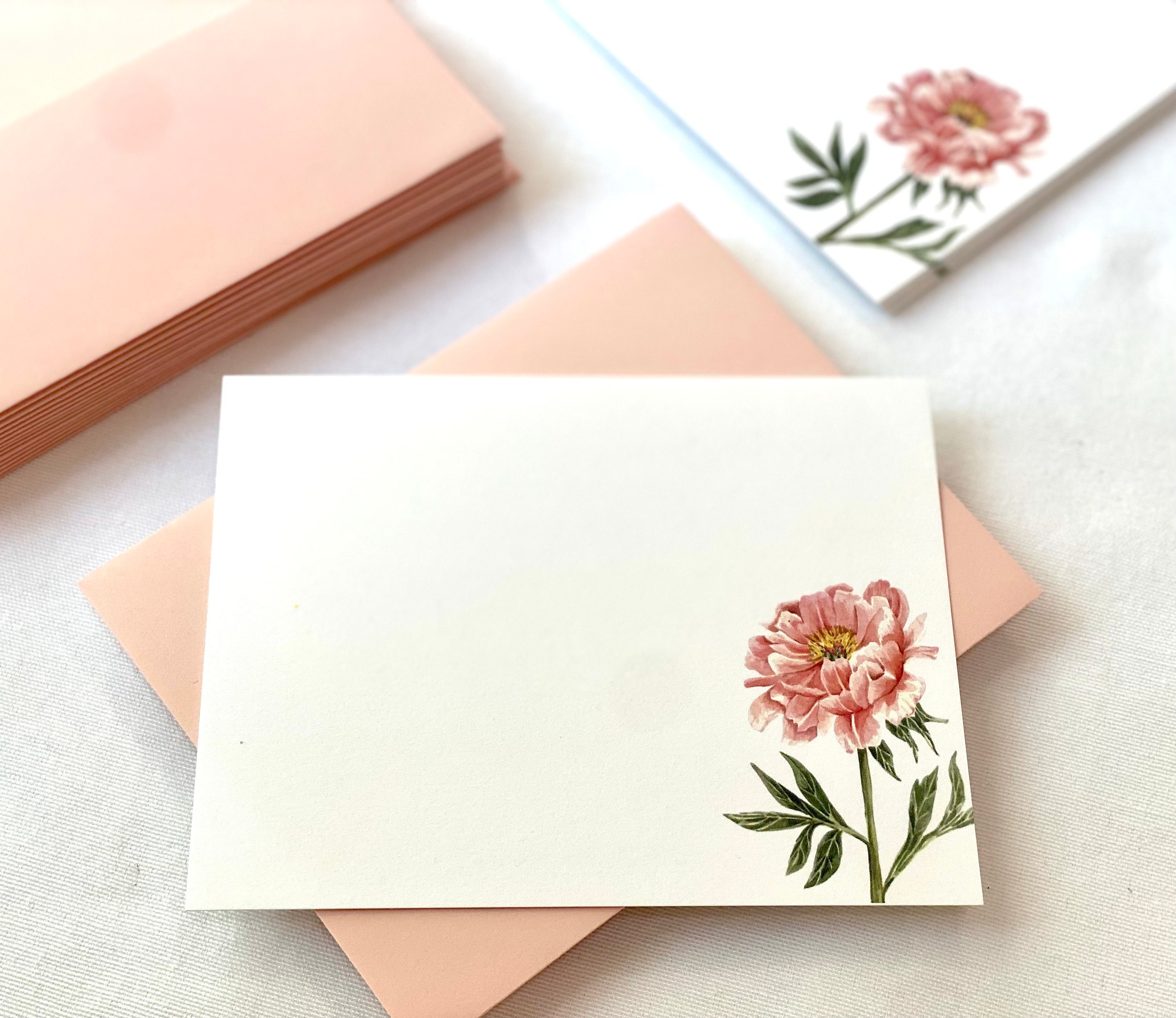 10 Flat Pink Peony Note Card Set, Watercolor Print Blank Note Cards and ...