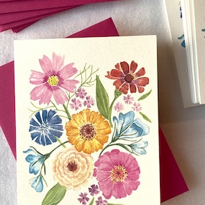 6 Blank Notecard Set, 4.25” x 5.5” Floral Folded Notecard set of 6 cards and magenta envelopes
