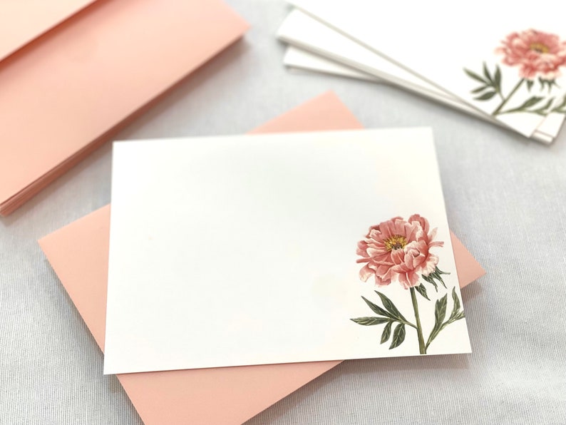 10 Flat Pink Peony Note Card Set, Watercolor Print Blank Note Cards and ...