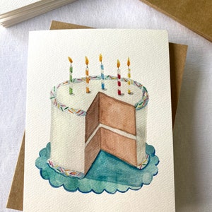 6 Birthday Card Set, 4.25” x 5.5” Blank Birthday Cake Folded Notecard set of 6 cards and Kraft brown envelopes