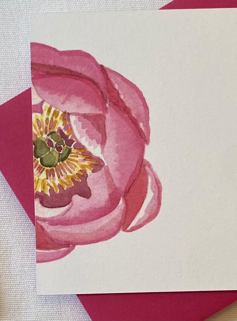 10 Flat Pink Peony Note Card Set, Watercolor Print Blank Note Cards and ...