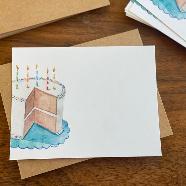 12 Flat Birthday Cake Notecards, Set of 12 Flat Note Cards and Envelopes, Watercolor Birthday Blank Note Cards and Kraft Brown  Envelopes