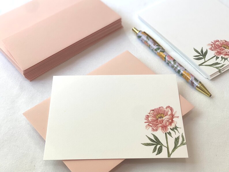 10 Flat Pink Peony Note Card Set, Watercolor Print Blank Note Cards and ...