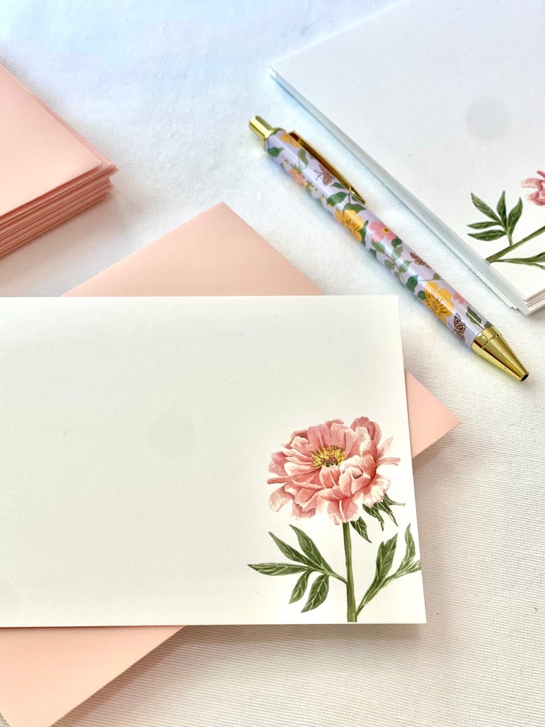 10 Flat Pink Peony Note Card Set, Watercolor Print Blank Note Cards and ...
