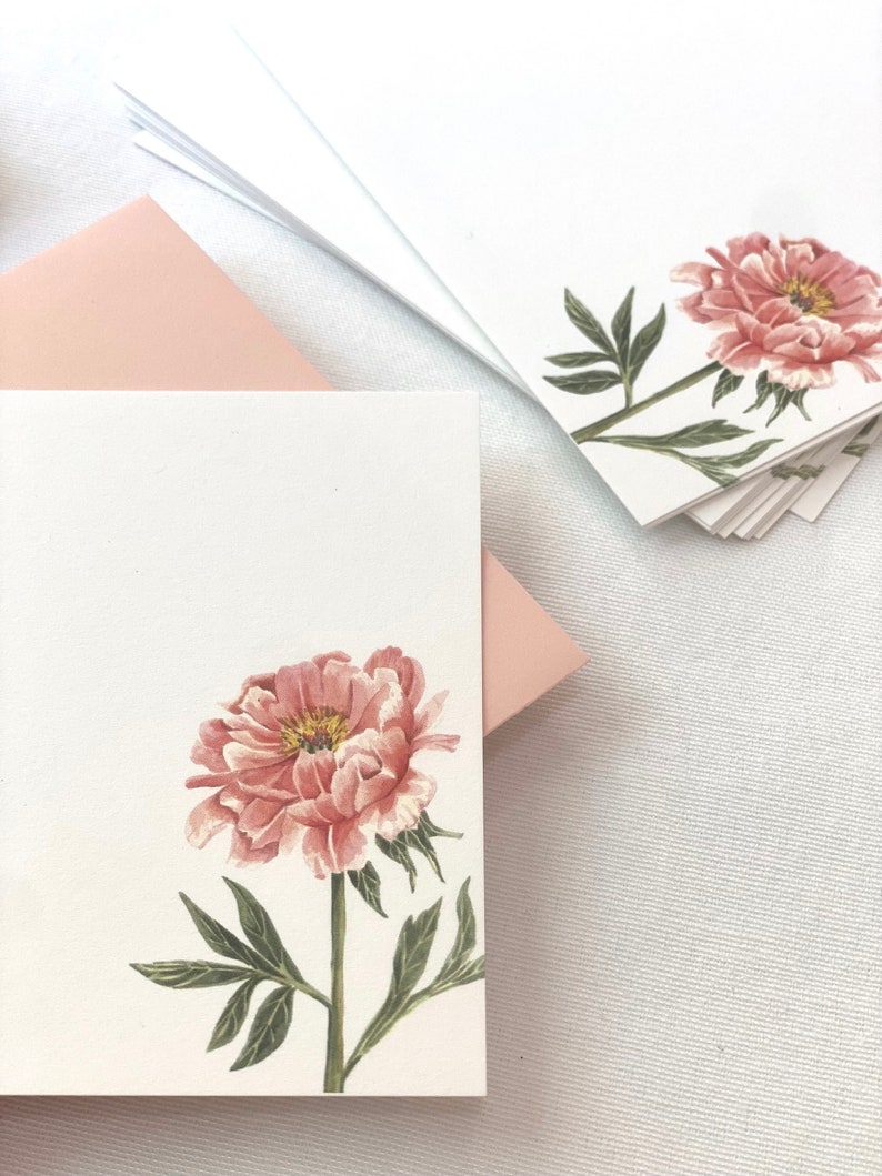 10 Flat Pink Peony Note Card Set, Watercolor Print Blank Note Cards and ...