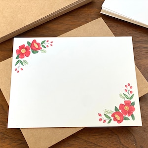 10 Flat Christmas Note Card Set, Set of 10 Cards and Envelopes, Watercolor Holiday Red Floral Evergreen Berry Note Cards and Kraft Envelopes