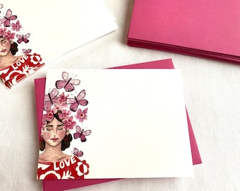 12 Love Flat Note Card Set, Unique, Cute Flower and Butterfly Set with Magenta Pink Envelopes