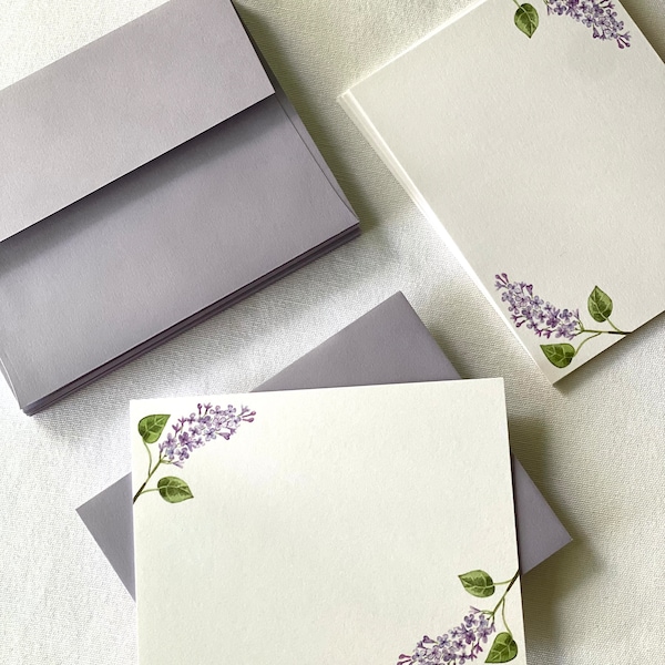 12 Floral Lilac Notecards, Set of 12 Flat Note Cards and Envelopes, Watercolor Lilac Purple  Blank Note Cards and Lilac Envelopes