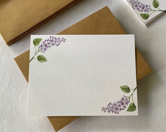 12 Floral Lilac Notecards, Set of 12 Flat Note Cards and Envelopes, Watercolor Lilac Purple  Blank Note Cards and Kraft brown Envelopes