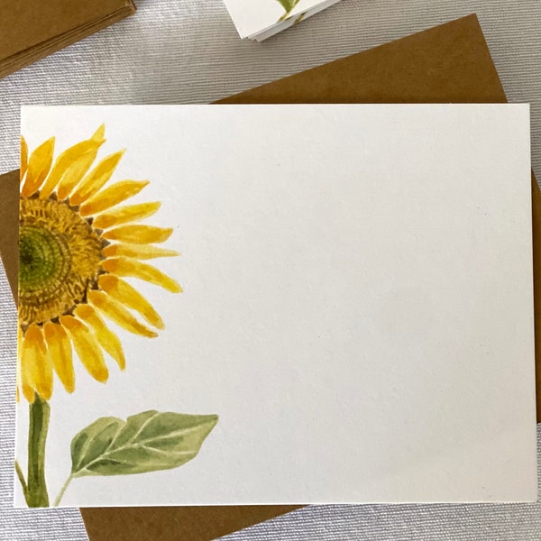 12 Flat Sunflower Notecards, Set of 12 Flat Note Cards and Envelopes, Watercolor Sunflower Blank Note Cards and Kraft Brown Envelopes