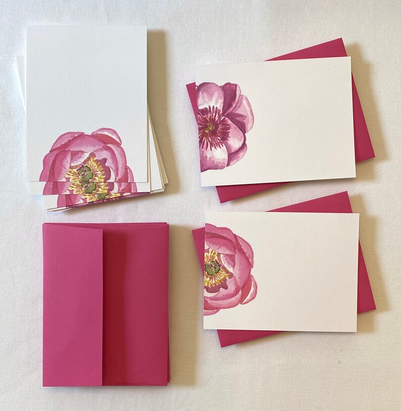10 Flat Pink Peony Note Card Set, Watercolor Print Blank Note Cards and ...