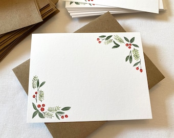 12 Flat Christmas Note Card Set| Set of 12 Cards and Envelopes | Watercolor Holiday Print Blank Note Cards and Kraft Envelopes