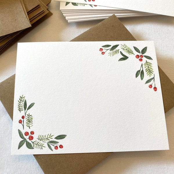 12 Flat Christmas Note Card Set| Set of 12 Cards and Envelopes | Watercolor Holiday Print Blank Note Cards and Kraft Envelopes