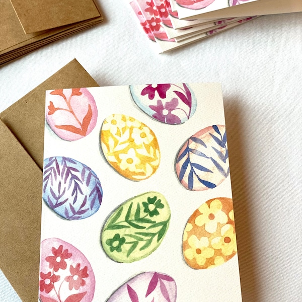 8 Easter Cards, 4.25” x 5.5” Folded Notecard set of 8 Pretty Easter Egg cards with Kraft Brown envelopes