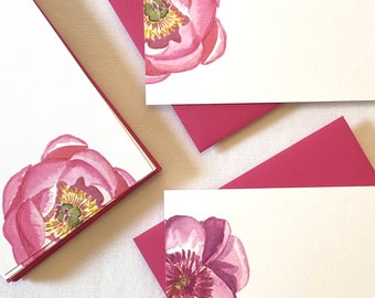 12 Flat Pink Peony Note Card Set, Watercolor Print Blank Note Cards and Magenta Envelopes