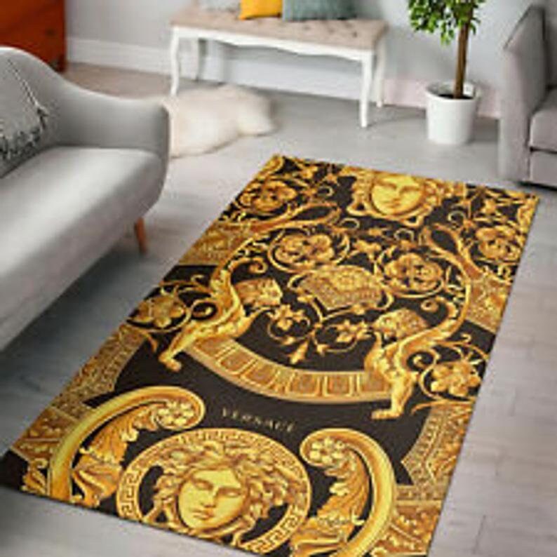 Versace Fashion Brand Logo Gold Area Rug Decorative Floor Rug Etsy
