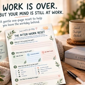 May include: A printed worksheet titled THE AFTER-WORK RESET with sections for reflection, including numbered prompts, checkboxes, and floral illustrations. The page features text about leaving the workday behind, alongside a mug and books.