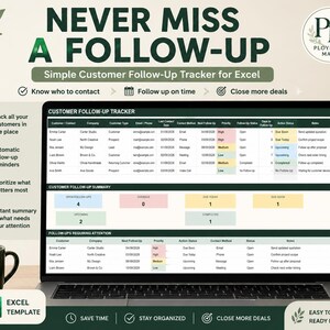 Customer Follow-Up Tracker Excel Template | Simple CRM for Small Business (Digital Download)