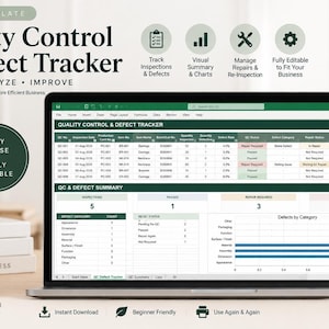 Peut inclure: Un modèle Excel numérique pour un suivi de contrôle qualité et des défauts affiché sur un écran d'ordinateur portable. La feuille de calcul présente des colonnes pour les données d'inspection, les catégories de défauts et le statut de réparation.