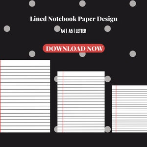 May include: Notebook paper design with lined pages in three sizes: A4, A5, and Letter. The pages have a red vertical margin line and horizontal lines. The background is black with gray polka dots. The text "DOWNLOAD NOW" is in a red rectangle.