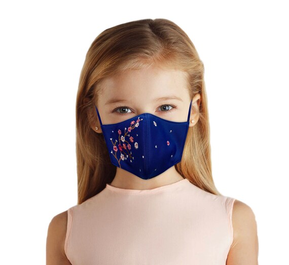 Kids Face Mask, Embroidered Mask for Girls Age 4-10 With Filter Pocket, Cherry Blossom Design, Breathable, Back To School Summer Outfit
