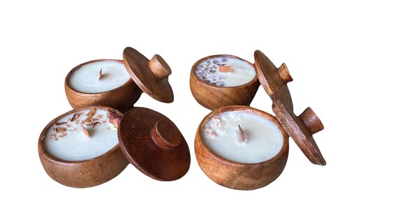 Wooden Bowl Scented Soy Wax Candle with Cover, Recyclable Acacia Wood, Unique Rustic Eco Friendly With Wood Wick, Rose, Lavender, Mild Scent