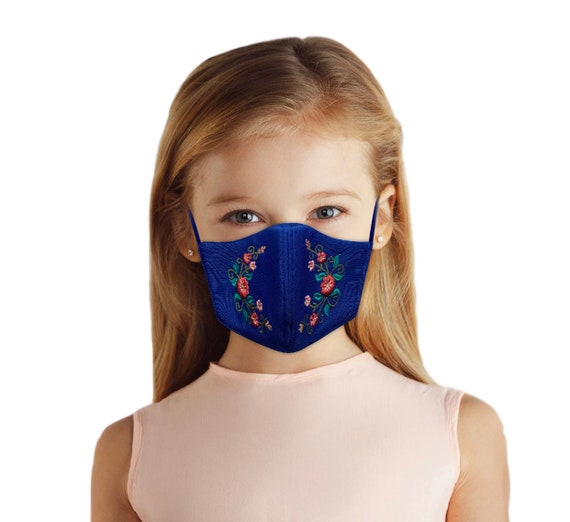 Kids Floral Embroidered Face Mask for Girls Ages 4-10 With Filter Pocket, Reversible, Summer Back To School Outfit, Travel Accessory