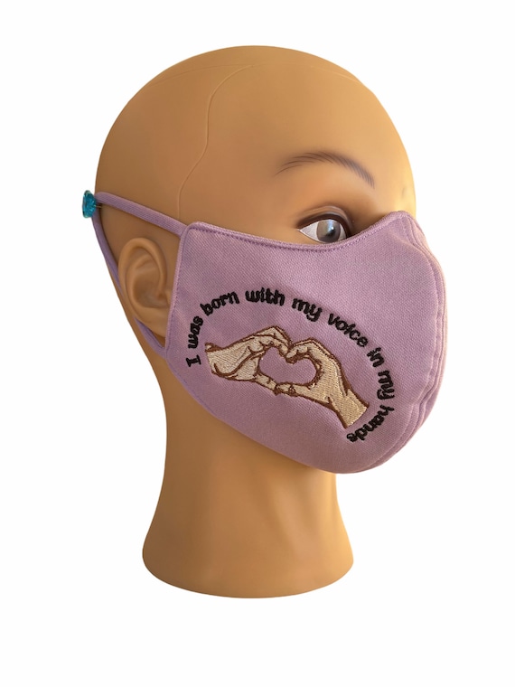 Hearing Impaired Embroidered Slogan Face Mask with Filter Pocket, Washable, Design of A Hand Formed as Heart, Hearing or Speech Disability