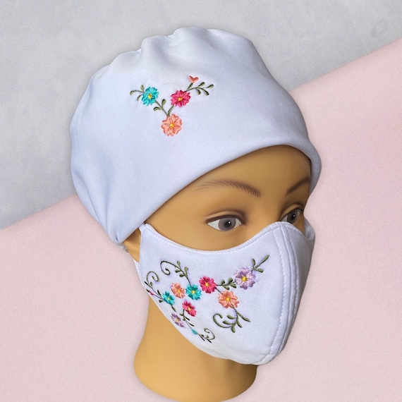 Embroidered Fashionable Hat and Face Mask Set, White Floral Stretchable washable Head gear or Bonnet and Face Cover, Face and Head Shield