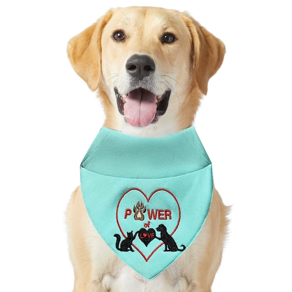 Embroidered Pet Bandanna, Cat and Dog Neckerchief, Over The Collar Scarf, Slide on Kerchief Hanky for Pet, Pawer of Love Embroidery Design