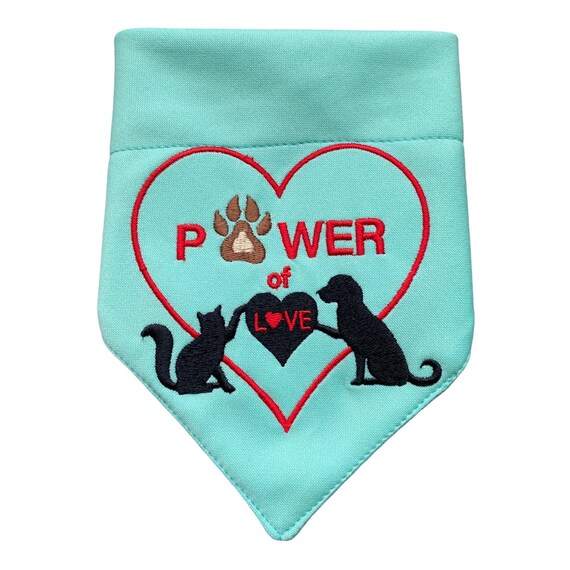 Embroidered Pet Bandanna, Cat and Dog Neckerchief, Over The Collar Scarf, Slide on Kerchief Hanky for Pet, Pawer of Love Embroidery Design
