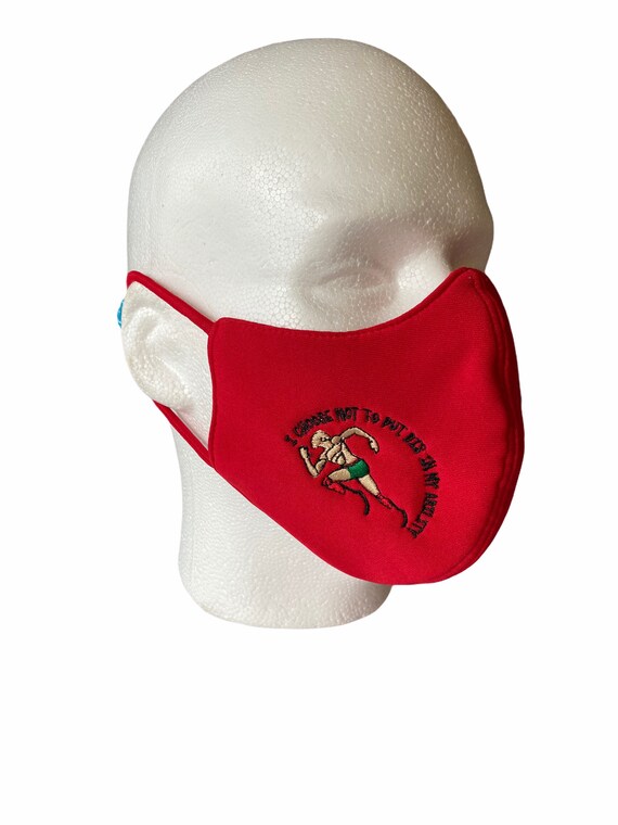 Red Embroidered Slogan Face Mask for Amputees, Washable with Filter Pocket, Breathable Fabric, Design of A Blade Runner Disability Slogan