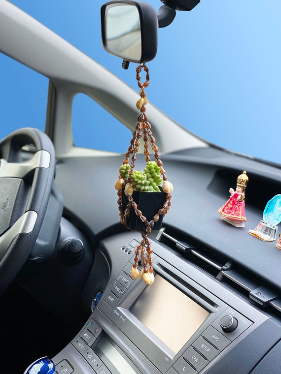 Rear View Mirror Seashell Hanging Succulent Planter, Car Plant Holder Macrame Inspired, RV Charms Accessories Handmade Mini Cowrie Shells