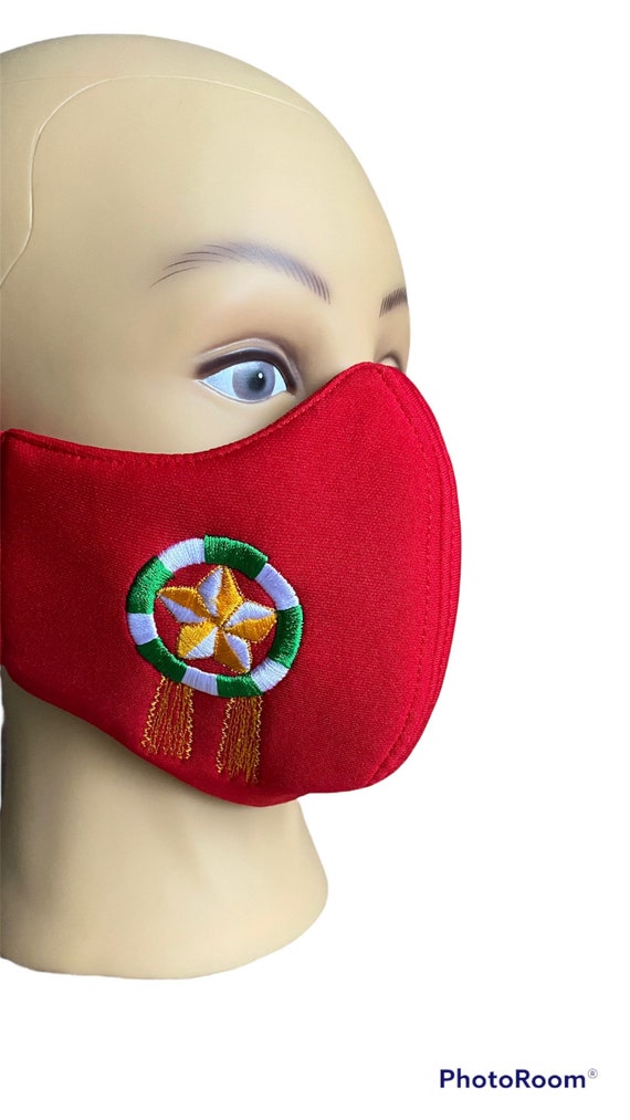 Red Christmas Lantern Philippine Parol Embroidered Face Mask for Adults, Filter Pocket, Festive Outfit, Breathable Washable Adjustable