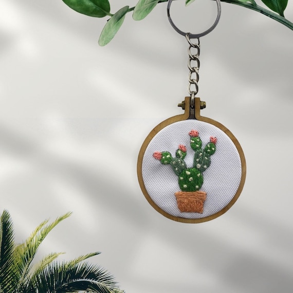 Keychain Hand Embroidered Cactus Plant Pot in Round Hoop, Key Fob Accessory, Charms for Wallet, Purse or Bag, Gift for Succulent Lover