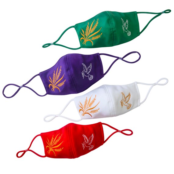Adult Embroidered Face Mask in Religious Liturgical Color with Filter Pocket, Reversible, Wheat Dove Embroidery, For Men and Women, Washable