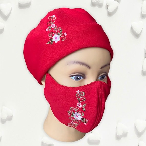 Embroidered Fashionable Hat and Face Masks Set, Red Floral Stretchable Washable Head Gear or Bonnet and Face Cover, Face and Head Shield