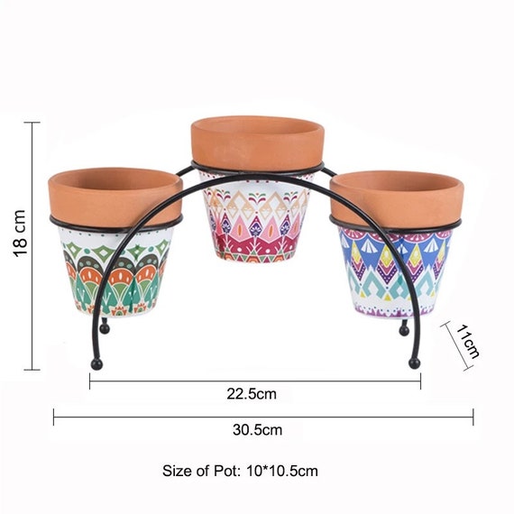 Small Unique Terra Cotta Clay Desk Planter Set With Metal Stand And Drainage, Cute Succulent Cactus Herb Pots, Windowsill Office planters