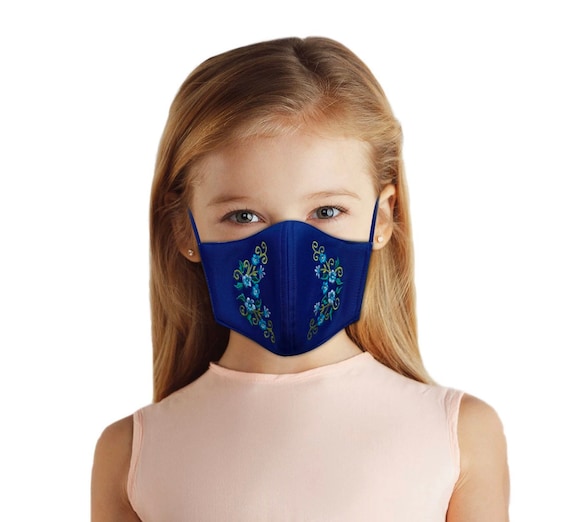 Embroidered Face Mask for Girls Ages 4-10, Cute back to school outfit for spring or summer, elegant floral embroidery, filter pocket