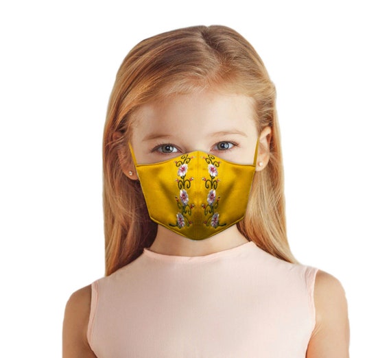 Yellow Floral Embroidered Face Mask, School Girls and Adult Women, Linen Neoprene Cloth Fabric, Filter Pocket, Reversible, Washable,