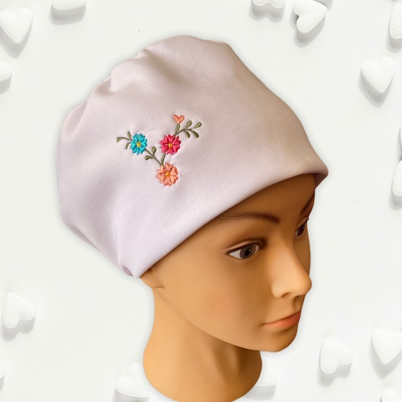 White Embroidered Bouffant Scrub Hat, Medical Student Gift, Surgical Cap for Women With Floral Embroidery, Chemo Hat, Dentist Scrub Hat